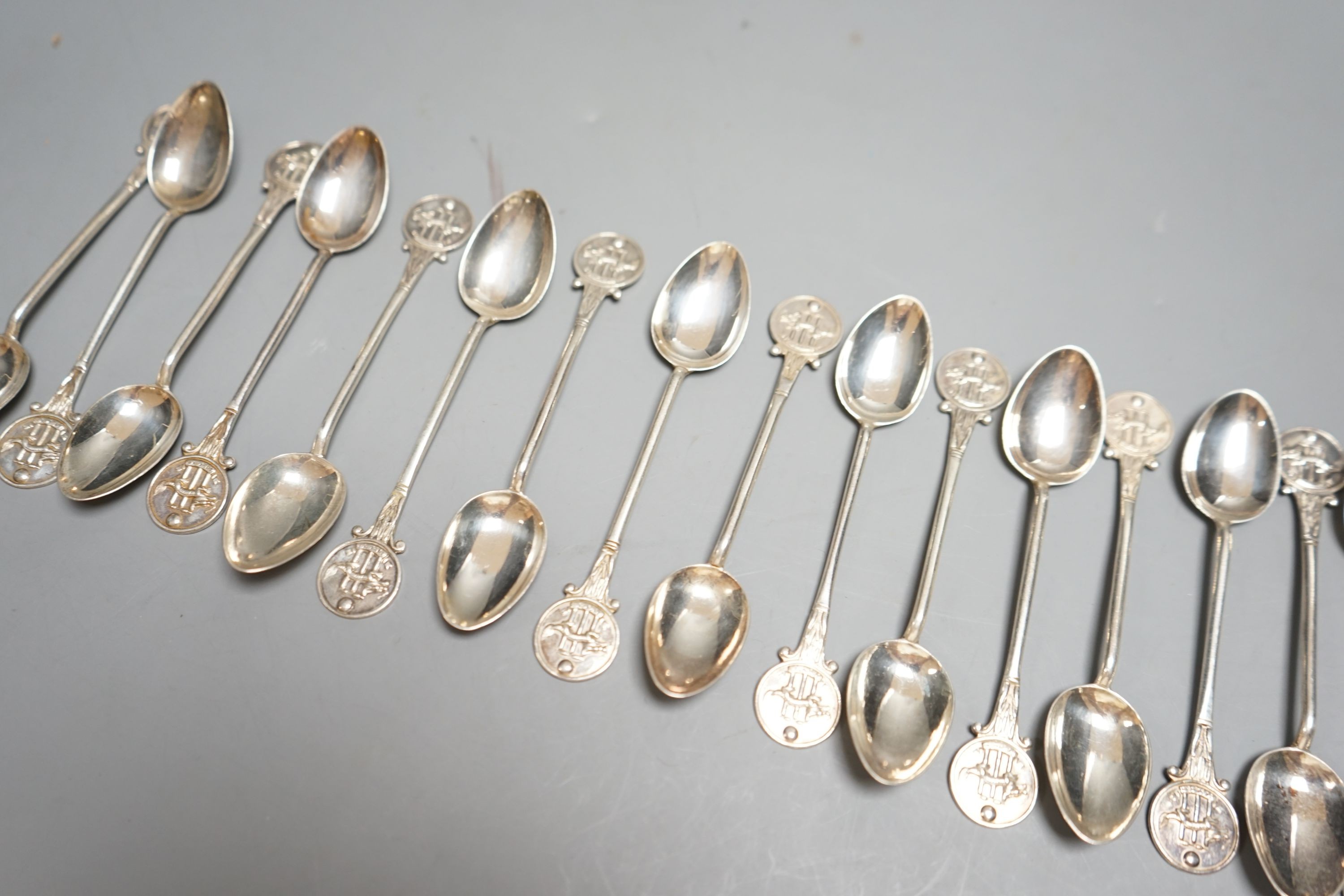 A set of seventeen early 20th century 'Hong Kong Cricket Club' coffee spoons, 10.6cm, 168 grams.